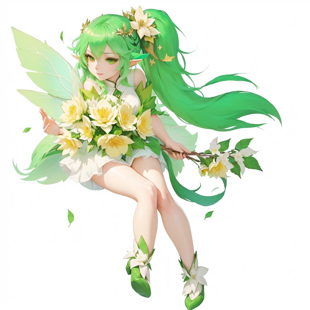 Anime girl with green hair and green wings holding a flower, Elf character, Maple Story Character Art, Official Art, Elf Girl wearing an flower suit, lady powder, 像Fairy一样微笑, Official Artwor末, Elf, Official Character Art, Fairy, Fairyrie, Elf Girl, Elf Art, Fairy