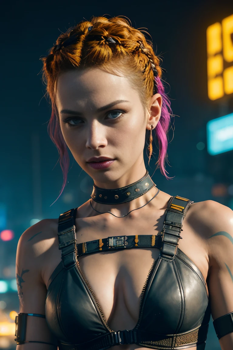 A fierce and beautiful woman., (Grace Kelly:Gillian Jacobs:0.5), braided spiky punk hairstyle, (wearing a revealing high-detail raider harness from Cyberpunk 2077), armed, High detail face, high detailed leather, seductive expression, perfect body, (perfect proportions), a night city megalopolis cyberpunk background, high quality, (Masterpiece), (realistic photo), intricately detailed, 8k, HDR, shallow depth of field, wide light, High contrast, backlight, sharp focus, Raw color photo, looking to the camera, vivid colors, In the style of Cyberpunk 2077