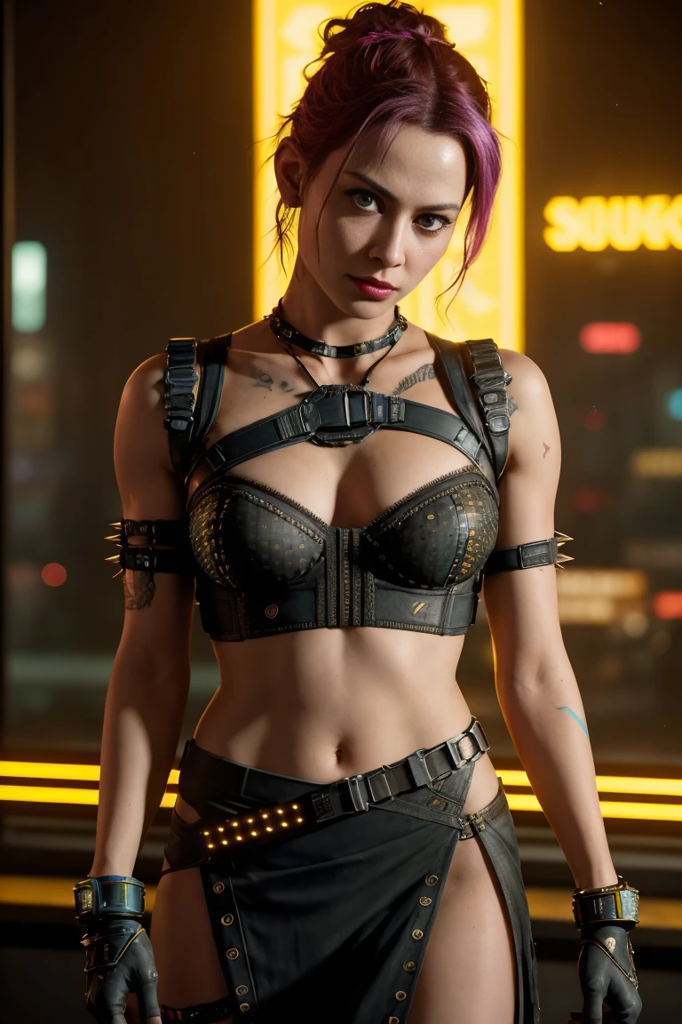 A fierce and beautiful woman., (Grace Kelly:Gillian Jacobs:0.5), braided spiky punk hairstyle, (wearing a revealing high-detail raider harness from Cyberpunk 2077), armed, High detail face, high detailed leather, seductive expression, perfect body, (perfect proportions), a night city megalopolis cyberpunk background, high quality, (Masterpiece), (realistic photo), intricately detailed, 8k, HDR, shallow depth of field, wide light, High contrast, backlight, sharp focus, Raw color photo, looking to the camera, vivid colors, In the style of Cyberpunk 2077