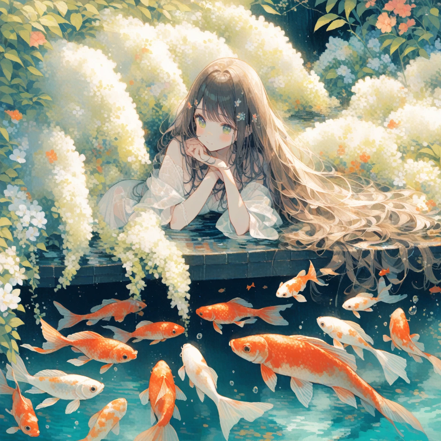 1girl、white（Clethra barbinervis）、「Overflowing Feelings」「Relaxation」、Japanese clethra、Underwater in a pond with goldfish、 tegaki