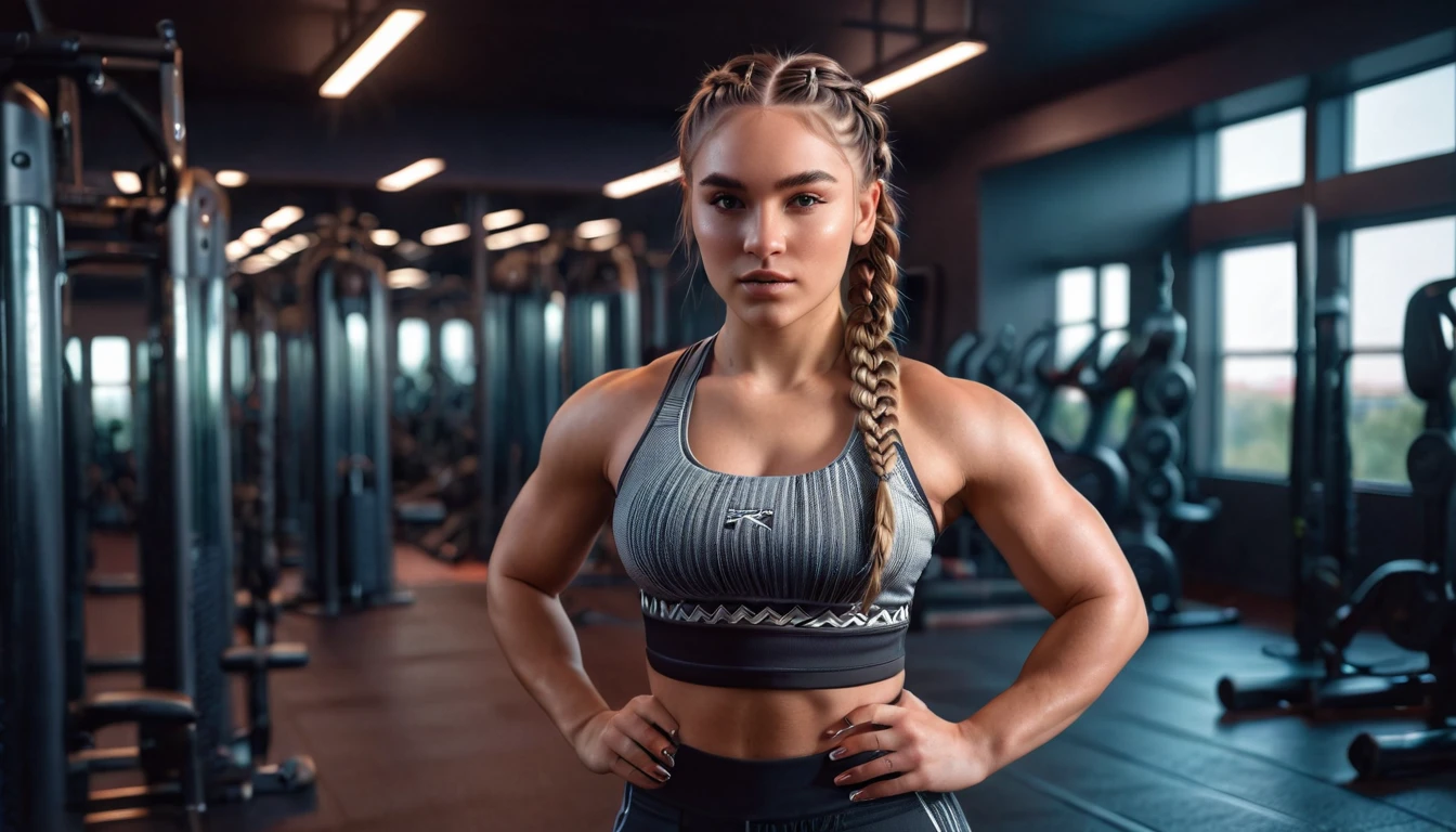 a girl in the gym, braids, athletic, fit, toned abs, wearing sports crop top, full body, large bust, cinematic dramatic lighting, ambient lighting, hyper-realistic, photorealistic, 8k, high resolution, masterpiece, extremely detailed, professional photography