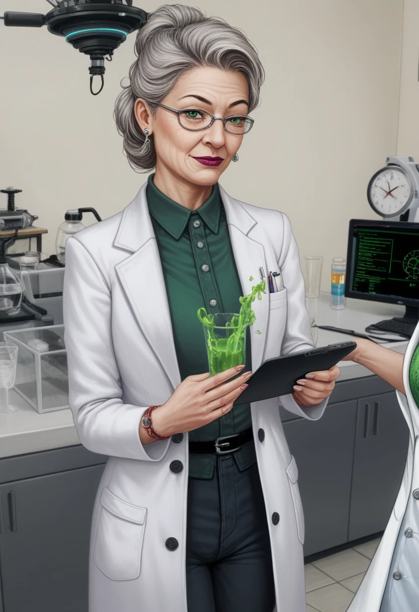 hyperrealistic art cinematic film still lower angle photography in the style of detailed hyperrealism photoshoot . (widehips) Extremely high-resolution details, photographic, realism pushed to extreme, fine texture, incredibly, elderly frail wrinkle woman, short gray hair, (lab coat with green blouse and balck pants), in dark laboratory, holding a beaker of glowing liquid
