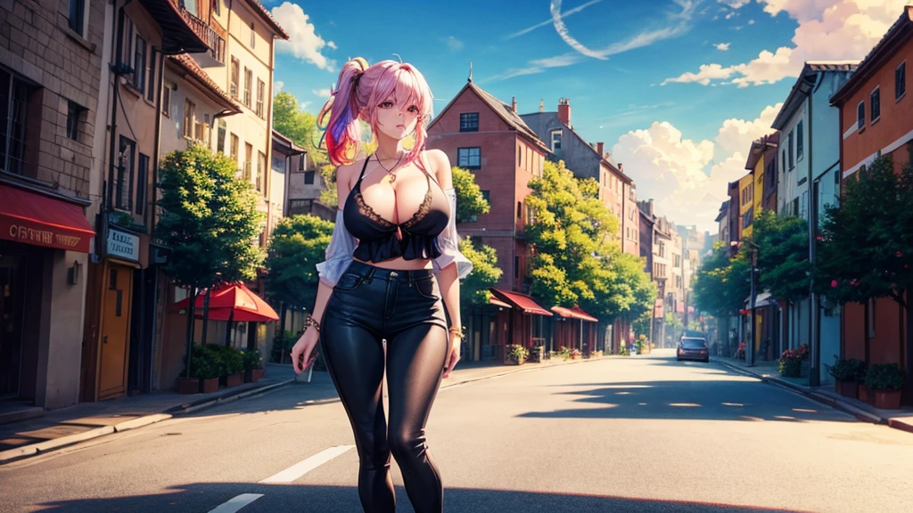 girl in summer clothes, jeans and blouse, black pantyhose, large breasts, cleavage, cityscape, village, trees, sun, clouds, ((colorful hair)), side ponytail, jewellery