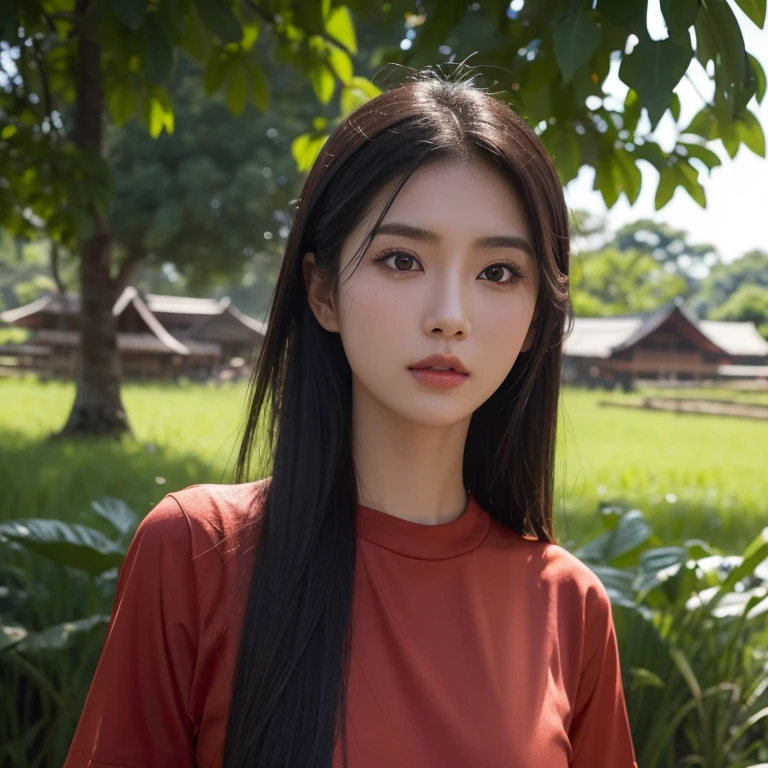 Head-on photo of Araffe woman wearing a dark red T-shirt., Looking straight at you intently, Long-haired woman with a round face, black eyes ตาสองชั้น, black eyes, Thai anime, (digital painting, HDR, high contrast), (Highest quality),(Masterpiece:1.3),(sharp focus:1.2), glowing face, (Red cheeks:1.6:), outdoor, The background is a rice field., There is an old thatched Thai-style hut in the background., The evening sun shines, beautiful asian woman, Japanese goddess, beautiful female model, jaw-dropping beauty, Attractive face and body
