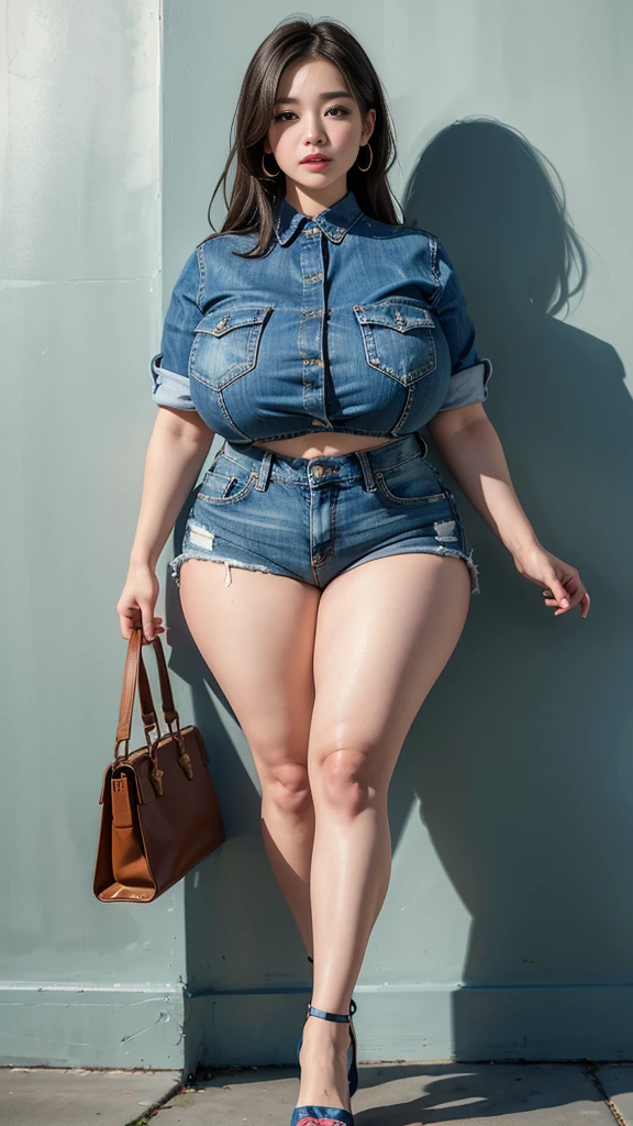 best quality:1.4), (masterpiece:1.4), (8K:1.4), (extremely detailed:1.4), full body, 1girl, plumper girl, plumper legs, plumper body, plumper thighs, gigantic fat_boobies_mini short jeans, crop top, against wall, hightop jays