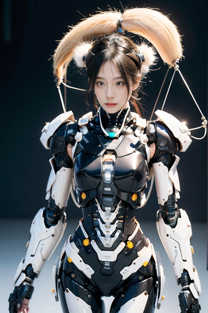 {{best quality, 1080P, Masterpiece, Ultra high resolution, photorealistic, ultra realism, Realistic skin texture, Extreme skin detail, dslr, Detailed eyes, Facing the camera, very beautiful face, Concise facial structure, Pale skin, Realistic skin texture, Extreme skin detail, oc render reflection textures, Realistic light and shadow, Single picture, alone, The body is slim and balanced., Age 20, Height 170, naked girl, Nude, no underwear, A girl with the body of a mechanical robot., Transparent futuristic black glass mech armor suit, The mechanical cervix is attached to the neck., The robot circuit is stuck in the middle of the back., flat stomach, Woman with perfect robot arms and legs, full body view, Whole body photo.}}