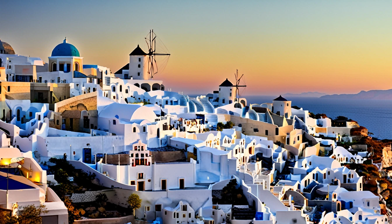 Santorini at sunset, Photography, inspired by Ansel Adams, a sweeping view of the white-washed buildings with blue domes cascading down the cliffs towards the shimmering Aegean Sea, bathed in golden hues of the setting sun, using a 35mm lens, the scene exudes a warm color temperature, capturing the serene expressions of a few scattered tourists in awe, with natural lighting enhancing the tranquil atmosphere.
