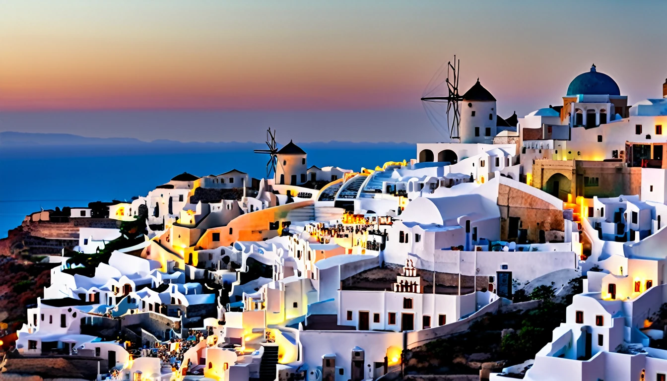 Santorini at sunset, Photography, inspired by Ansel Adams, a sweeping view of the white-washed buildings with blue domes cascading down the cliffs towards the shimmering Aegean Sea, bathed in golden hues of the setting sun, using a 35mm lens, the scene exudes a warm color temperature, capturing the serene expressions of a few scattered tourists in awe, with natural lighting enhancing the tranquil atmosphere.