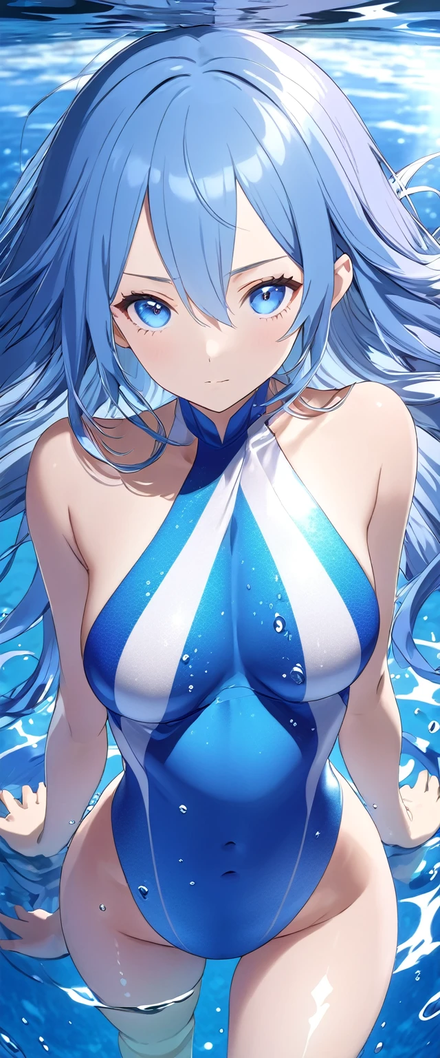 (Highest quality),(masterpiece), (Very detailed8K壁紙),Very detailed,Cinema Lighting, Detailed light, Best Shadow,another world,Detailed face, Detailed reflective eyes, Beautiful Eyes, 非常にDetailed face,Shiny Hair,sexy,thin,Huge breasts,High exposure,charm,One person,Medium gloss,Blue Hair,blue eyes,{Rem},nature,Contemptuous Eyes,whole body,Embarrassing,Standing posture,Beautiful Water,Detailed water,Shiny water surface,Rem,Re:Zero,Re:Starting Life in Another World from Zero,Swimwear,