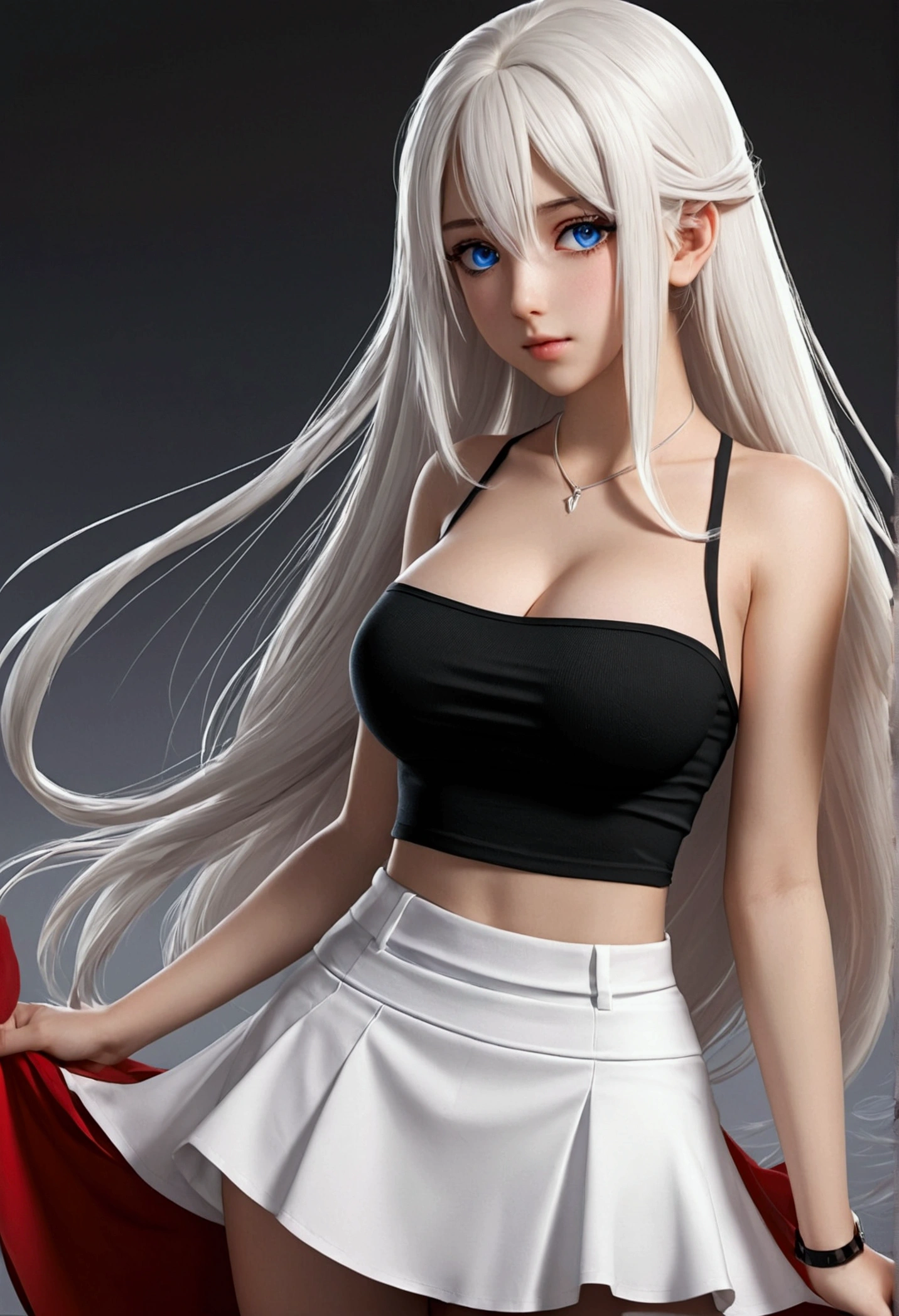 A girl  single with  alone place  she out fit  white shorts t shirt  and  mini size skirt  long white hair  beautiful big blue eyes  big breast  big hip red face sexy pose and she holding her skirt showing her smooth hip  16k  anime 