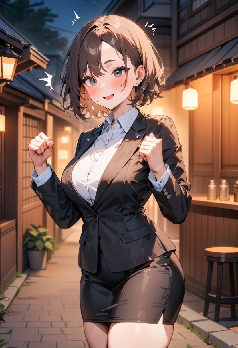 masterpiece, best quality, very aesthetic, absurdres, newest, 1girl, solo, asymmetrical bangs, blush, smile, short hair, skirt, brown hair, shirt, long sleeves, white background, jacket, white shirt, collared shirt, black skirt, black eyes, hands up, formal, suit, ^^^, clenched hands, pencil skirt, office lady, skirt suit ,night, tavern front, standing, outdoor