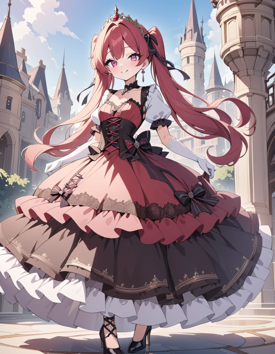 (best quality,4k,8k,highres,masterpiece:1.2),ultra-detailed, steampunk settings, Pretty 15 years old princess, drawn in anime style, she’s cute and joyful, smiling, long red pigtails hair, pink eyes, small breast, lipstick, makeup, pink eyeshadow, long eyelashes, dainty and delicate body, red princess gown with puffy sleeves, physically-based rendering,gorgeous dress design,flowing gown,elaborate lace details,rich textures,contrast stitching,delicate ribbon bows,floral accents,long maxi skirt,short sleeves,fitted waistline,lace-up back,luxurious fabrics,flawless silhouette, petticoat, bustle, corset, hair ribbons, white elbow gloves, ruby earrings and necklace, gold tiara, high heels, holding a lacy umbrella, walking in castle garden, beautiful sunny and cloudy sky.