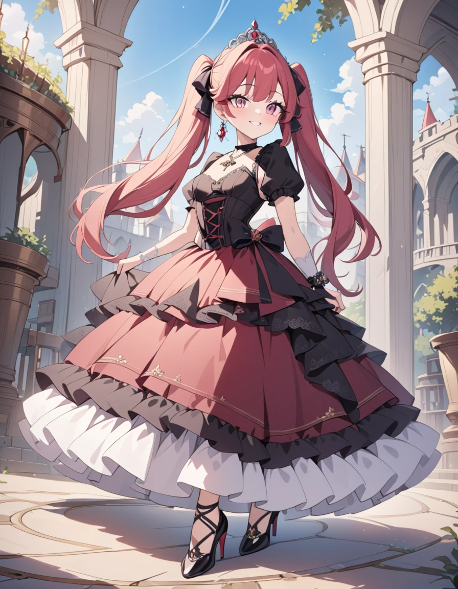 (best quality,4k,8k,highres,masterpiece:1.2),ultra-detailed, steampunk settings, Pretty 15 years old princess, drawn in anime style, she’s cute and joyful, smiling, long red pigtails hair, pink eyes, small breast, lipstick, makeup, pink eyeshadow, long eyelashes, dainty and delicate body, red princess gown with puffy sleeves, physically-based rendering,gorgeous dress design,flowing gown,elaborate lace details,rich textures,contrast stitching,delicate ribbon bows,floral accents,long maxi skirt,short sleeves,fitted waistline,lace-up back,luxurious fabrics,flawless silhouette, petticoat, bustle, corset, hair ribbons, white elbow gloves, ruby earrings and necklace, gold tiara, high heels, holding a lacy umbrella, walking in castle garden, beautiful sunny and cloudy sky. 