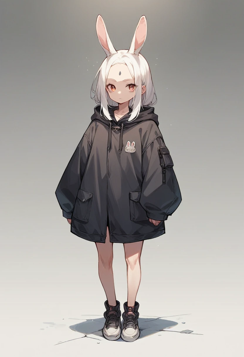Girl 16 years old, hooded girl with bunny ears, bunny ears on the hood, White hair without bangs (open forehead), full height