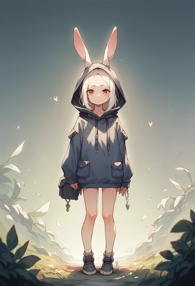 Girl 16 years old, hooded girl with bunny ears, bunny ears on the hood, White hair without bangs (open forehead), full height