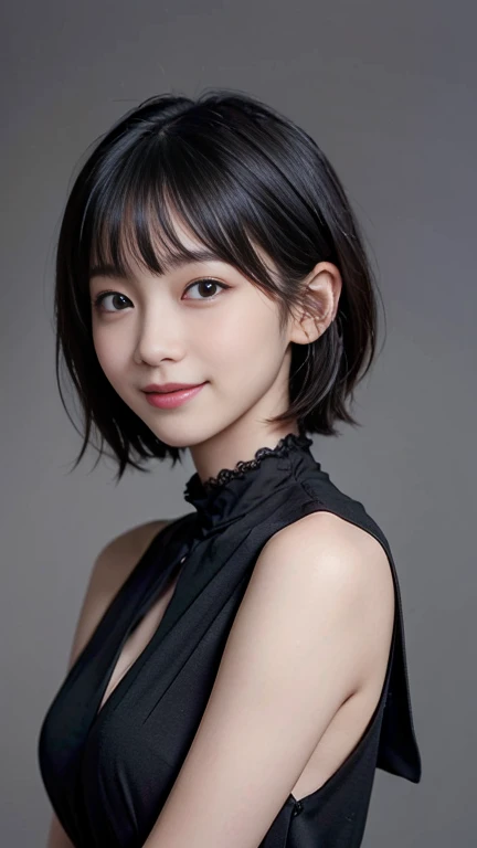 ((Highest quality、masterpiece、High resolution))、(((Zoom photo of upper body、Black Hair)))、(A shy smile:1.2)、One Woman、Beautiful Skin、Beautiful Eyes, Black Dress、Shorn bangs、short hair