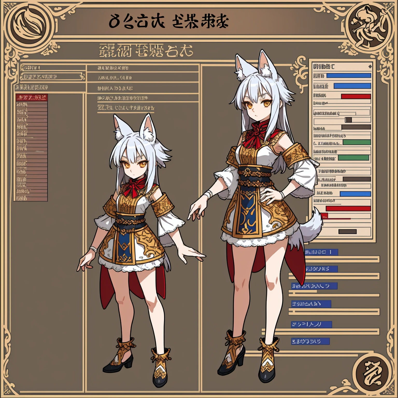 Character Sheet, A graceful wild fox girl with mostly silver hair, Food themed clothing, variation, Highest quality, pixel