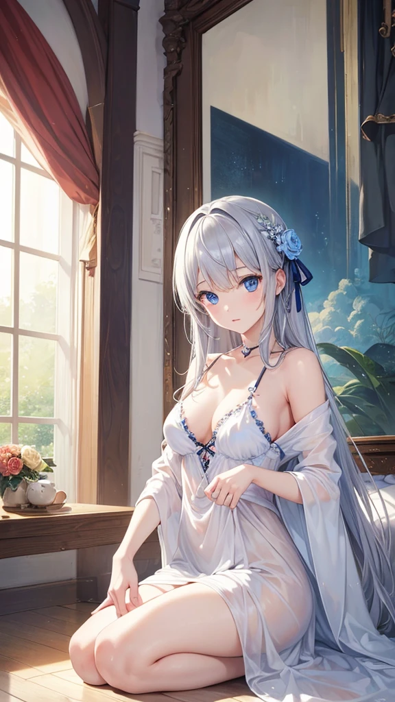 ((Highest quality)), ((masterpiece)), (detailed), (Perfect Face)、Naked Women、She has blue eyes and medium-length silver hair...。.