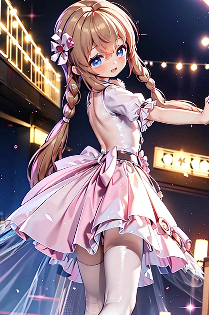 Solo girl, comical, kawaii, Blue eyes, light brown hair, back high twintails, front braids, princess dress, open mouth smile, from back, eyes look at the camera dance at the stage, neon and led lights, posing,sexy, high resolution image, masterpiece, high quality, attractive eyes,