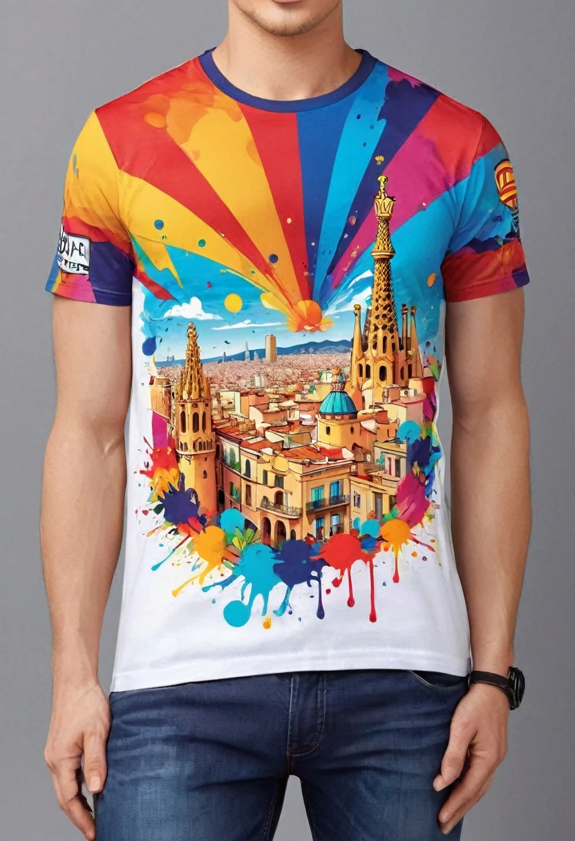 A t-shirt with vector art of a colorful illustration with the city of Barcelona, At the center, swirly vibrant colors, paint splashes and smears, high détail, t-shirt designs
(artwork, best quality, proffesional, perfect composition, very aesthetic, absurdrez, super verbose, Intricate details:1.3)