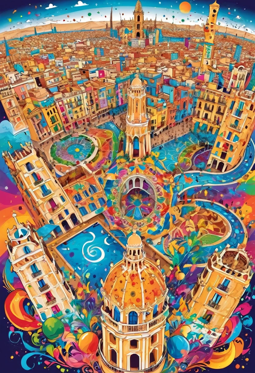 A t-shirt with vector art of a colorful illustration with the city of Barcelona, At the center, swirly vibrant colors, paint splashes and smears, high détail, t-shirt designs
(artwork, best quality, proffesional, perfect composition, very aesthetic, absurdrez, super verbose, Intricate details:1.3)