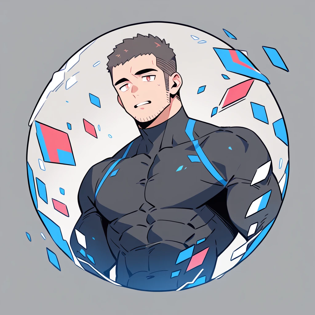 anime characters:Priapus, Muscle Sports Student, Buzz Cut, Manliness, male focus, Dark black high collar long sleeve tight T-shirt, Slightly transparent material, Very tight, Round, full and perky chest muscles, muscular male, muscular, only, Upper body, alone, Black short hair, Thick eyebrows, stubble, Brown-red pupils, Grey background, simple background, amazing quality, best aesthetics, Ridiculous, crew cut, parted lips, flustered, endured face, best quality