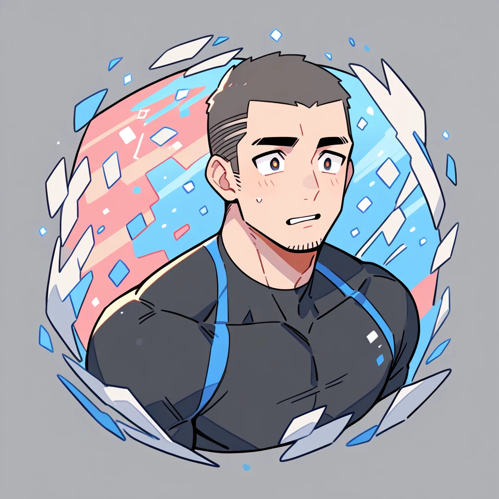 anime characters:Priapus, Muscle Sports Student, Buzz Cut, Manliness, male focus, Dark black high collar long sleeve tight T-shirt, Slightly transparent material, Very tight, Round, full and perky chest muscles, muscular male, muscular, only, Upper body, alone, Black short hair, Thick eyebrows, stubble, Brown-red pupils, Grey background, simple background, amazing quality, best aesthetics, Ridiculous, crew cut, parted lips, flustered, endured face, best quality