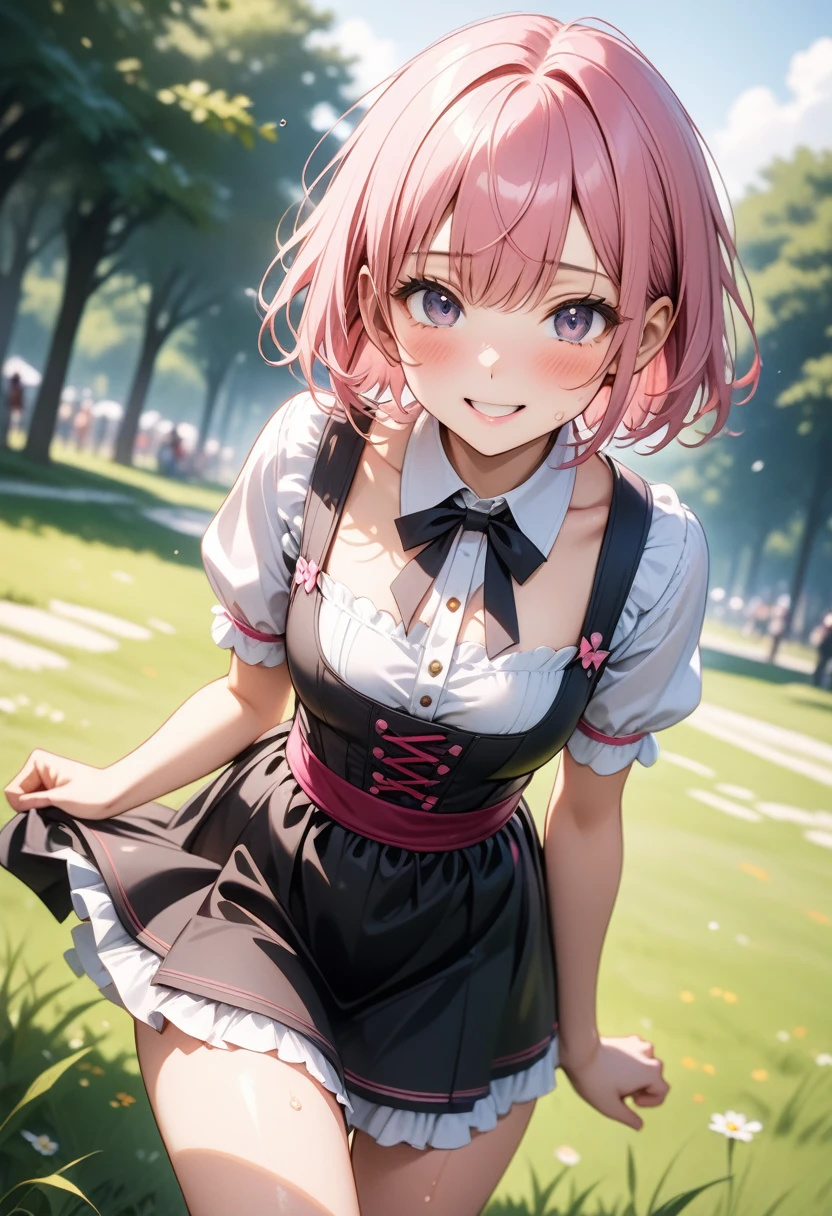 ((dirndl)), (((costume very shiny))), skinny, solo, 1 woman, Masterpiece, highest quality, highest quality, 16K, incredibly absurd, highly detailed, 2.5D, ai-generated, delicate and dynamic, very delicate facial expressions, delicate eye depiction, erotic, only sexy woman, ((A cute and kind face)), healthy figure, ((25-year-old woman)), 160cm tall, medium firm swaying bust, (short hair), (pink hair:1.5), bob cut, black eye, blush, Sweat,Embarrassed,sexy, ((thin thighs)), (camel toe:0.8), (Erect nipples:0.7), ((shiny and lustrous)), facing straight at viewer, smile, (standing), cowboy shot, ((arm at side)), Large park, daytime, bright, on the grass,