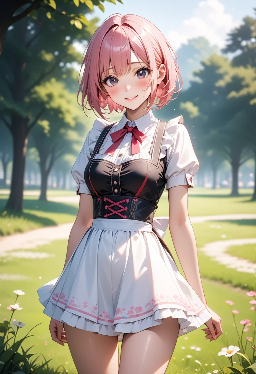 ((dirndl)), (((costume very shiny))), skinny, solo, 1 woman, Masterpiece, highest quality, highest quality, 16K, incredibly absurd, highly detailed, 2.5D, ai-generated, delicate and dynamic, very delicate facial expressions, delicate eye depiction, erotic, only sexy woman, ((A cute and kind face)), healthy figure, ((25-year-old woman)), 160cm tall, medium firm swaying bust, (short hair), (pink hair:1.5), bob cut, black eye, blush, Sweat,Embarrassed,sexy, ((thin thighs)), (camel toe:0.8), (Erect nipples:0.7), ((shiny and lustrous)), facing straight at viewer, smile, (standing), cowboy shot, ((arm at side)), Large park, daytime, bright, on the grass,