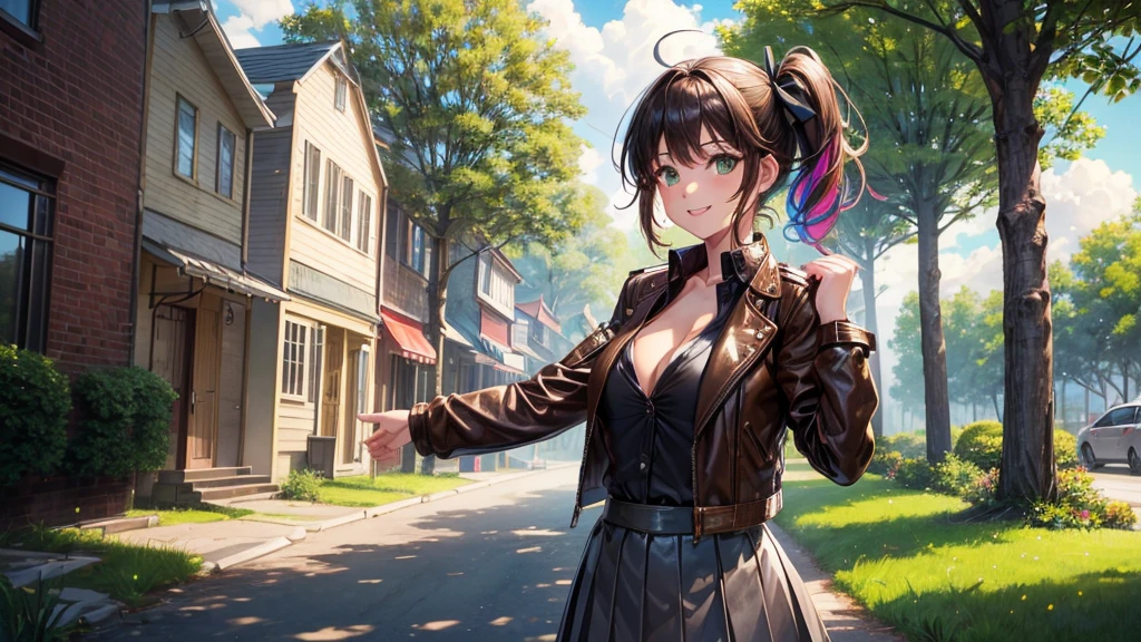 1girl, solo, full body, summer, village, trees, sun, clouds, ((colorful hair)), side ponytail, large breasts, ((brown leather jacket)), button down shirt, ((black shirt)), ((unbuttoned shirt)), unbuttoning buttons, cleavage 1:3 green eyes, grey skirt, smile, happy, looking at the viewer, standing, hair ribbon, golden necklate