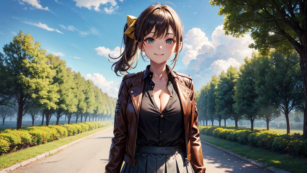 1girl, solo, full body, summer, village, trees, sun, clouds, ((colorful hair)), side ponytail, large breasts, ((brown leather jacket)), button down shirt, ((black shirt)), ((unbuttoned shirt)), unbuttoning buttons, cleavage 1:3 green eyes, grey skirt, smile, happy, looking at the viewer, standing, hair ribbon, golden necklate