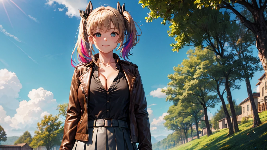 1girl, solo, full body, summer, village, trees, sun, clouds, ((colorful hair)), side ponytail, large breasts, ((brown leather jacket)), button down shirt, ((black shirt)), ((unbuttoned shirt)), unbuttoning buttons, cleavage 1:3 green eyes, grey skirt, smile, happy, looking at the viewer, standing, hair ribbon, golden necklate