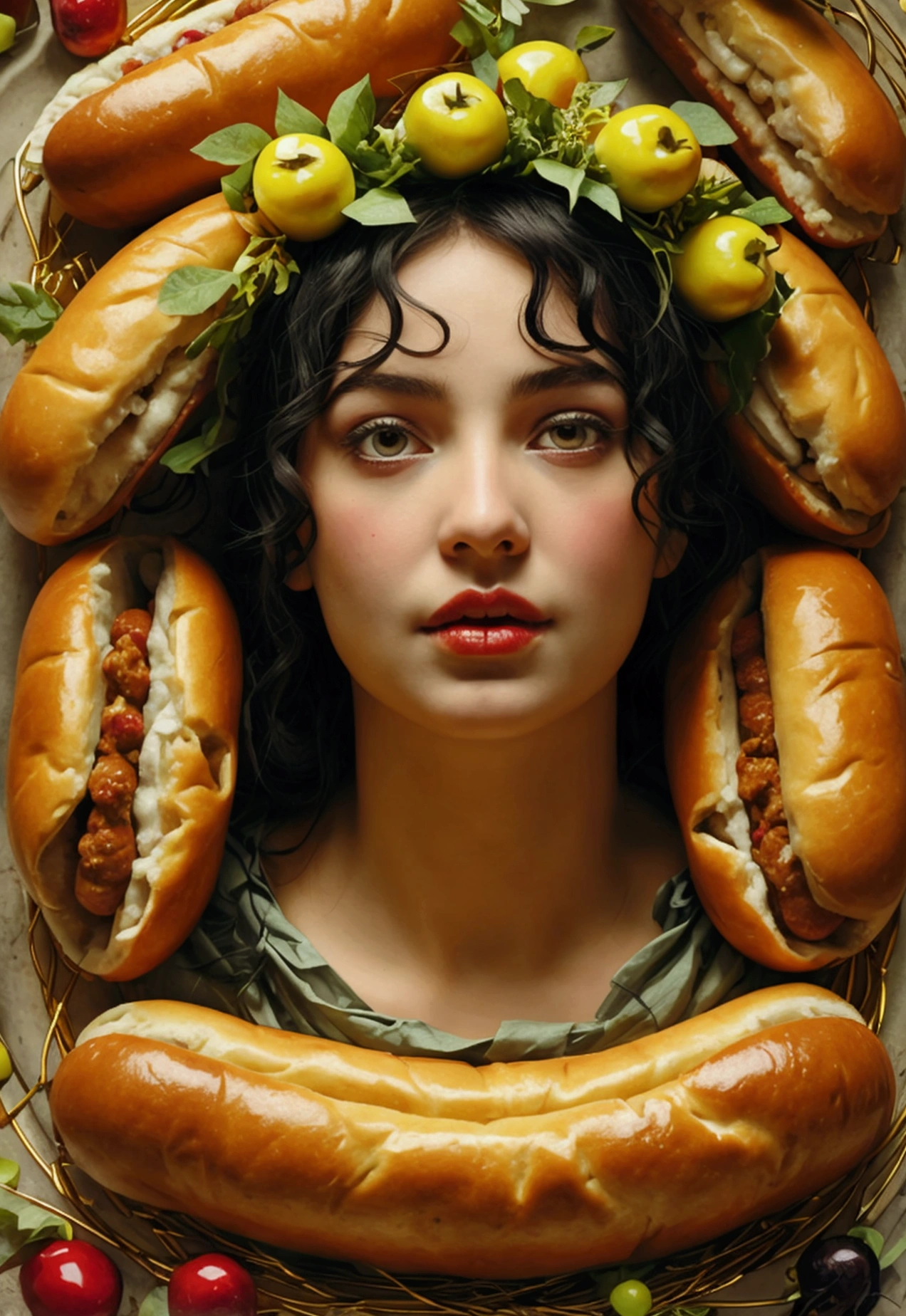 Eris, the Greek goddess of discord surrounded by a circle of 5 hotdog buns and 5 golden apples on a chaotic background , editorial cartoon style