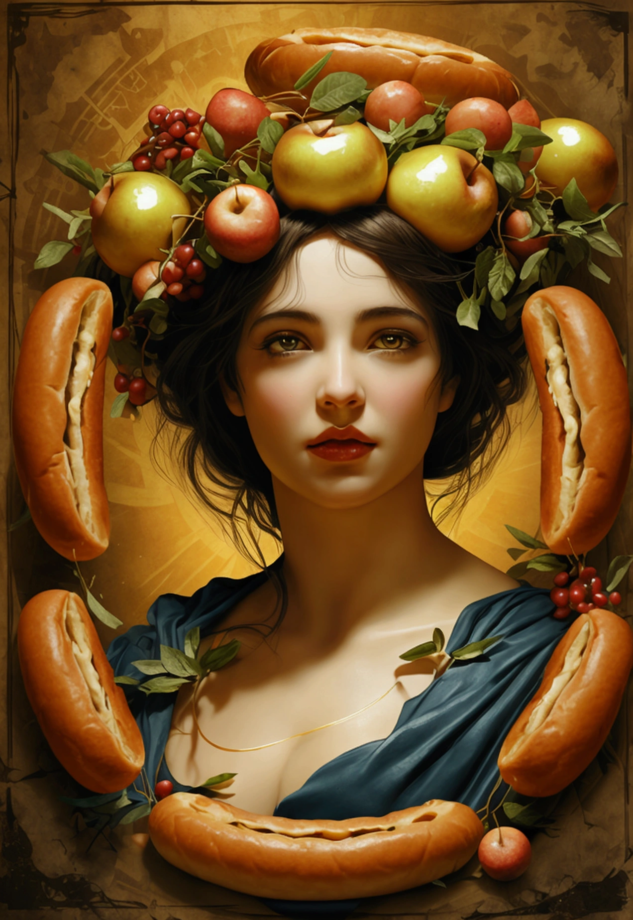 Eris, the Greek goddess of discord surrounded by a circle of 5 hotdog buns and 5 golden apples on a chaotic background , editorial cartoon style