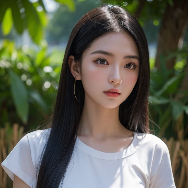 Head-on photo of Araffe woman wearing a dark blue T-shirt., Looking straight at you intently, Long-haired woman with a round face, black eyes ตาสองชั้น, black eyes, Thai anime, (digital painting, HDR, high contrast), (Highest quality),(Masterpiece:1.3),(sharp focus:1.2), glowing face, (Red cheeks:1.6:), outdoor, The background is a rice field., There is an old thatched Thai-style hut in the background., The evening sun shines, beautiful asian woman, Japanese goddess, beautiful female model, jaw-dropping beauty, Attractive face and body