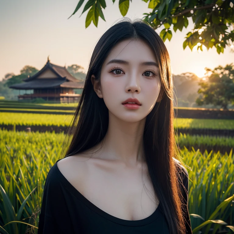 Head-on photo of Araffe woman wearing a dark blue T-shirt., Looking straight at you intently, Long-haired woman with a round face, black eyes ตาสองชั้น, black eyes, Thai anime, (digital painting, HDR, high contrast), (Highest quality),(Masterpiece:1.3),(sharp focus:1.2), glowing face, (Red cheeks:1.6:), outdoor, The background is a rice field., There is an old thatched Thai-style hut in the background., The evening sun shines, beautiful asian woman, Japanese goddess, beautiful female model, jaw-dropping beauty, Attractive face and body