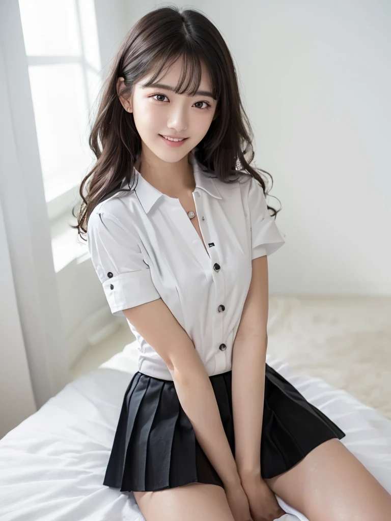 (Highest quality:1.9)、(High resolution)、Live-action image quality、((20-year-old woman、1 person))、Soft lighting by a professional photographer、Natural light、((Very spacious white luxurious room:1.6))、((Bright white room:1.6))、(Standing in front of a very luxurious white bed:1.2)、(White bookshelf background:1.1)、Natural soft light、((Black Hair Color:1.1))、Fair skin、Detailed Eyes、double eyelid、Slightly puffy cheeks、((Small Face:1.0))、((White short-sleeved shirt、Please wear it with the chest open.:1.7))、((White and black striped skirt:1.2))、(Cute Smile)、((Girly pose 1.8))、((Long curly hair:1.1))、((Full Body Shot:1.2))、((Height: 165cm))、Hands in front、Hold hands between legs、
