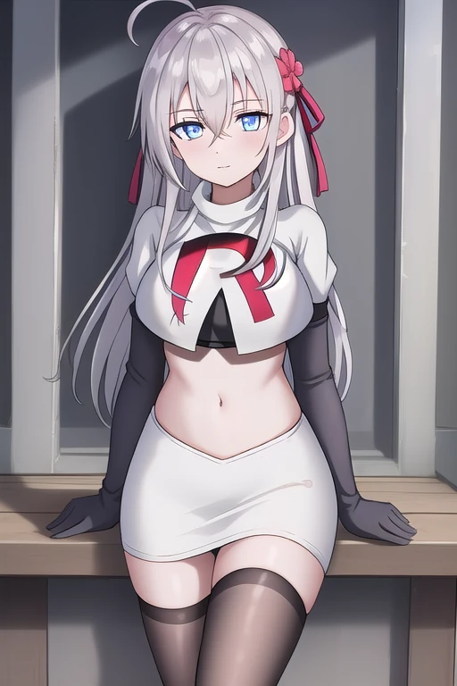 alisa,1girl,solo,long_hair,looking_at_viewer,bangs,blue_eyes,hair_between_eyes,hair_ribbon,ahoge,grey_hair,team rocket,team rocket uniform,white skirt,red letter R,crop top,black thigh-highs,black elbow gloves,flower_field