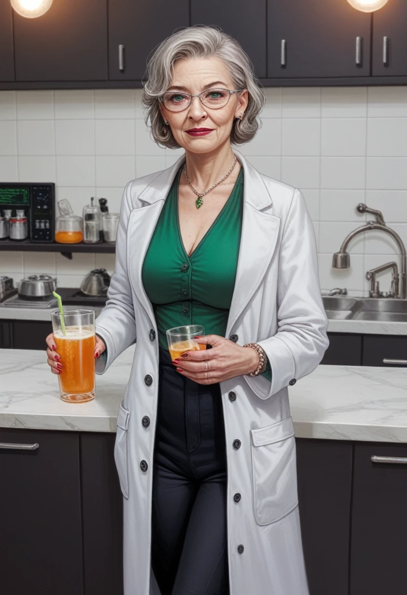 hyperrealistic art cinematic film still lower angle photography in the style of detailed hyperrealism photoshoot . (widehips) Extremely high-resolution details, photographic, realism pushed to extreme, fine texture, incredibly, elderly frail wrinkle woman, short gray hair, (lab coat with green blouse and black pants), in dark laboratory, drinking from a beaker