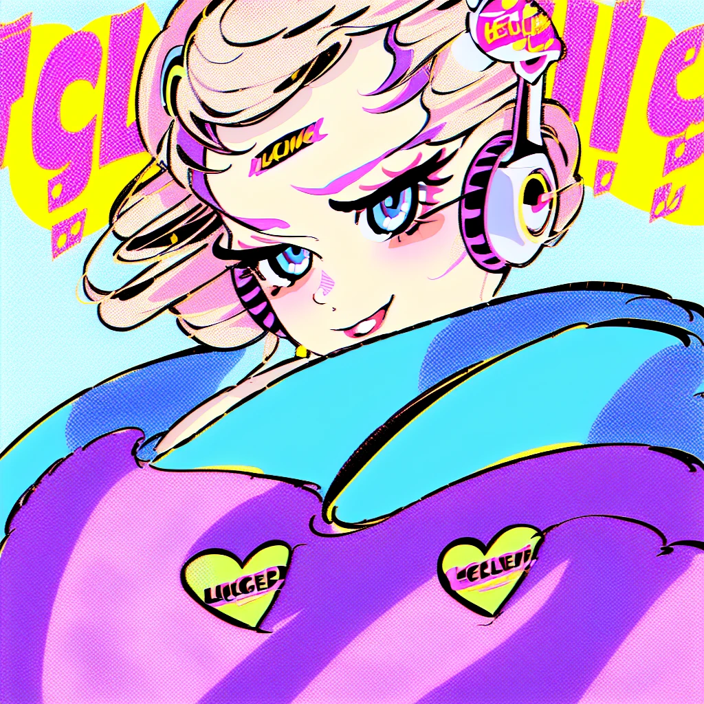(masterpiece), Highest quality, One girl, Part your lips, Upper Body, bangs, Pastel background, Bodysuits,popart,Mixed Media,((Lichtenstein-style drawing)),(blue eyes,Wearing headphones)