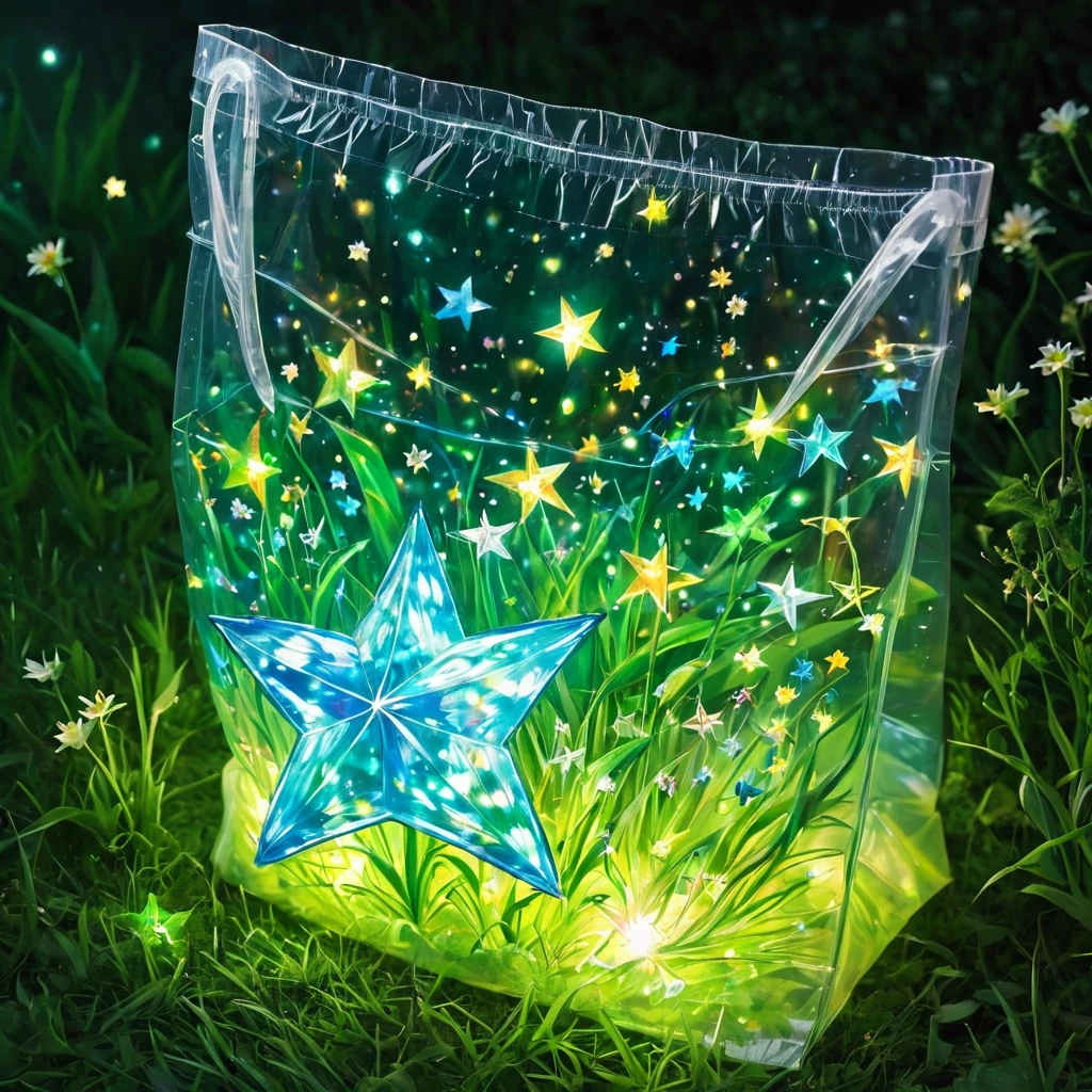 (masterpiece, best quality:1.2),On the grass，Stars in a plastic bag，Luminescence
