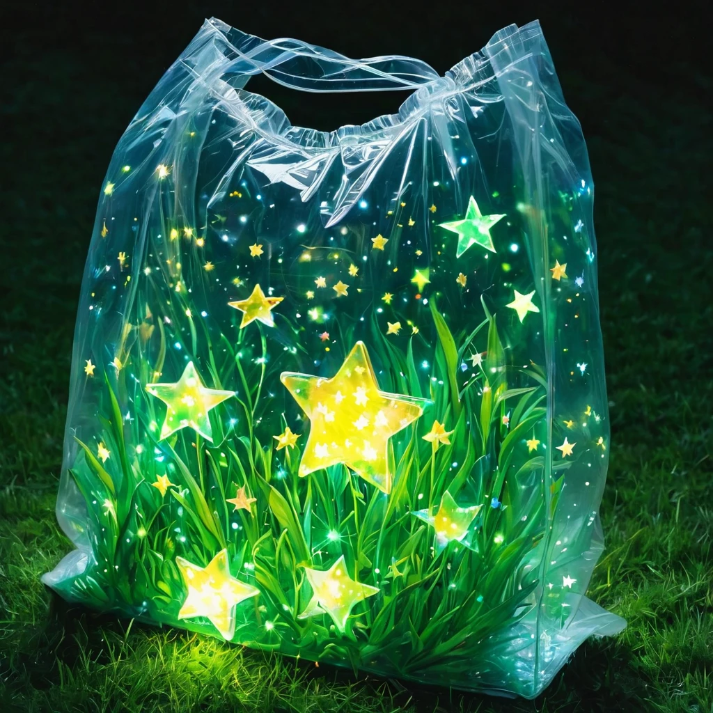 (masterpiece, best quality:1.2),On the grass，Stars in a plastic bag，Luminescence
