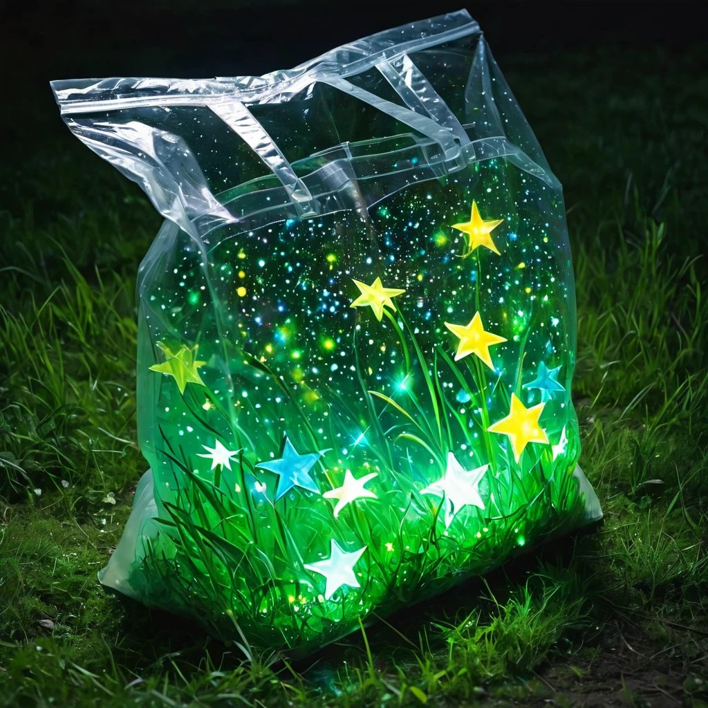 (masterpiece, best quality:1.2),On the grass，Stars in a plastic bag，Luminescence
