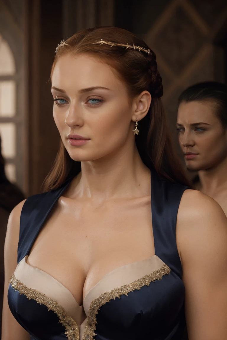 Face of Sophie Turner, Sansa Stark played by Sophie Turner, the de facto Lady of the Eyrie, is a 40-year-old mature queen with a stunning, alluring appearance. Regally standing amongst elderlymen councils. Full Face, Full figured woman, pierced eyes, reddish lips, (half body shot), erotic Mediaeval lewd off-the-shoulders sleeveless costumes, game of thrones costumes, satin-silken regal gloves, decorated jewelries befitting for regal noble lady, [She wears a Game of Thrones-inspired off-the-shoulders sleeveless costume and has a deep cleavage plunging neckline with heavy mommy milkers], a perfect thick body, and a perfect fleshy thick figure. Thick fleshy arms. Naturally heavy mommy milkers. Perfectfully sculpted collarbones. [arm behind my head]. Surrounded by elderly councilmen. Body worships. The photograph captures DSLR shot, with her skin texture and facial features being ultra-realistic and realistic. Juicy thick figure, high quality skin, Skin pores, amazing details, snow, snow flakes, semi realistic, extremely detailed eyes, dark moody orange and black settings, cool environment, artificial intelligence