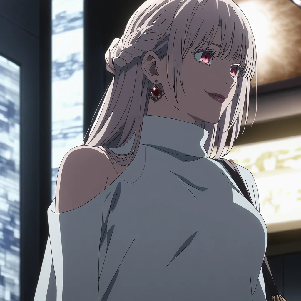 1girl, female gojo satoru, anime screencap from jujutsu kaisen, gojo satoru female version, solo, long_hair, ((red eyes)) ((White_hair, elegant hairstyle, french braid)), night view, (hanging breasts) upper_body, smile, indoors, book, lips, (slightly straight hair) ((wearing white sweater)) breast, "very detailed and high resolution" (red eyes) ((shoulder length straight hair)) ((solo)) (((front view))) (earings) ((high resolution)) ((good quality)) ((elegant hairstyle, french braid)) ((hand bag))