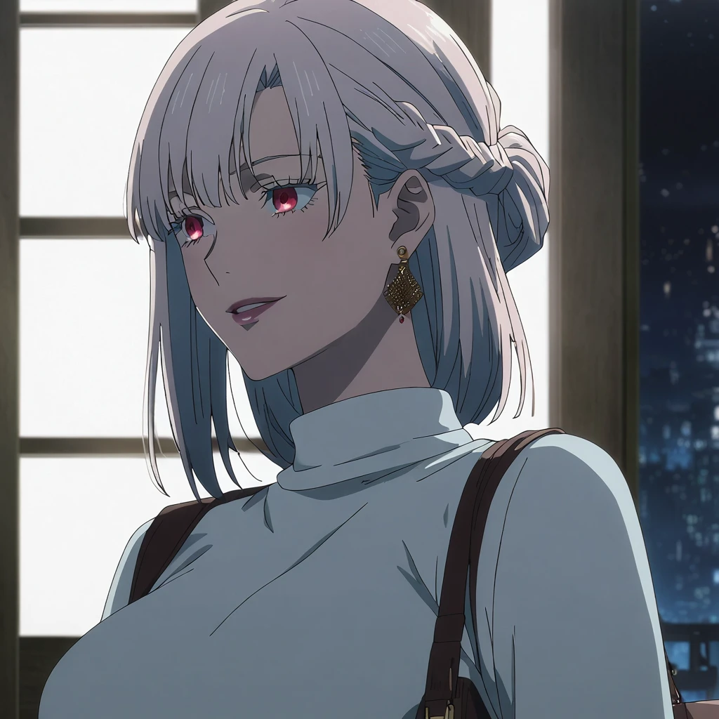 1girl, female gojo satoru, anime screencap from jujutsu kaisen, gojo satoru female version, solo, long_hair, ((red eyes)) ((White_hair, elegant hairstyle, french braid)), night view, (hanging breasts) upper_body, smile, indoors, book, lips, (slightly straight hair) ((wearing white sweater)) breast, "very detailed and high resolution" (red eyes) ((shoulder length straight hair)) ((solo)) (((front view))) (earings) ((high resolution)) ((good quality)) ((elegant hairstyle, french braid)) ((hand bag))