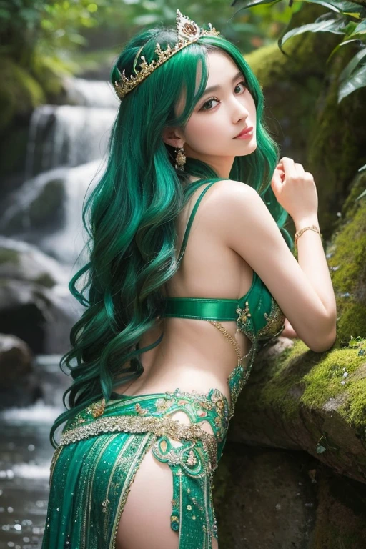 エメラルドグリーンの美しさを体現した雄大な女god, god々しくgod聖な. Her flowing gown、Sparkling with various shades of emerald and jade. length, Her wavy hair with emerald highlights cascaded down her back.. She wears an elaborate crown adorned with emeralds.. Her eyes shine the same vibrant green.. surrounded by soft, Green Aura. Background is blue々It is said that, Emerald foliage and crystal clear waterfalls. Photorealistic style with magical elements."女god、Official Art, Unity 8k Ultra Detailed, beautiful and aesthetic, high quality, beautiful, masterpiece, 最high quality, (zenTangle, Mandala, Tangle, enTangle:0.6),