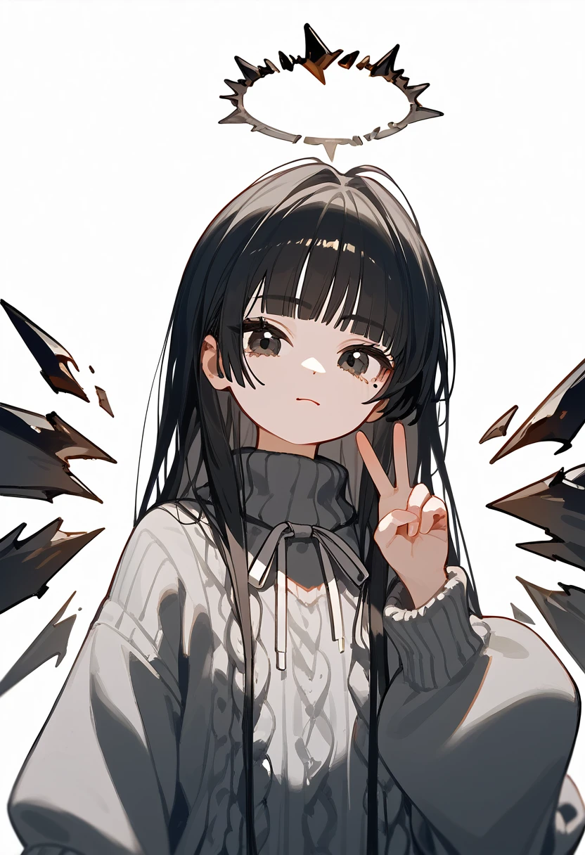 (check_9, check_8_up, check_7_up), 1 girl, cute young girl, black hair, Blunt bangs, long hair, broken halo, black eyes, a mole under the right eye, Alternative clothing, virgin killer sweater, cut off sleeves, gray sweater, Energy Wings, Looking at the viewer, upper body, decrease, , Peace of mind, portrait, White background,