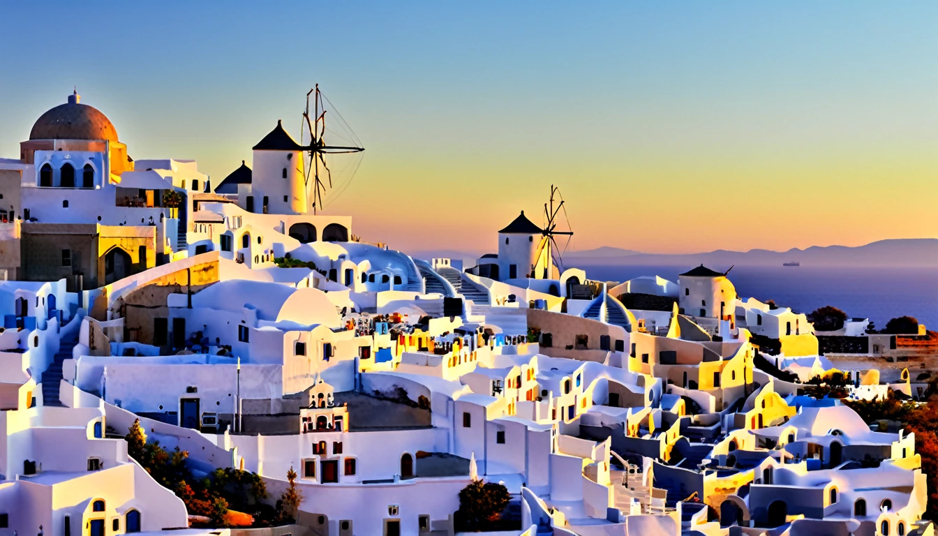 Santorini at sunset, Photography, inspired by Ansel Adams, a sweeping view of the white-washed buildings with blue domes cascading down the cliffs towards the shimmering Aegean Sea, bathed in golden hues of the setting sun, using a 35mm lens, the scene exudes a warm color temperature, capturing the serene expressions of a few scattered tourists in awe, with natural lighting enhancing the tranquil atmosphere.