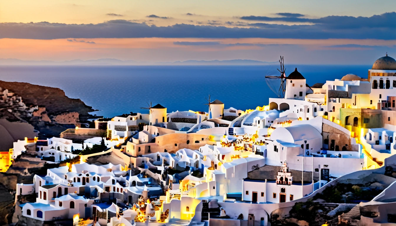 Santorini at sunset, Photography, inspired by Ansel Adams, a sweeping view of the white-washed buildings with blue domes cascading down the cliffs towards the shimmering Aegean Sea, bathed in golden hues of the setting sun, using a 35mm lens, the scene exudes a warm color temperature, capturing the serene expressions of a few scattered tourists in awe, with natural lighting enhancing the tranquil atmosphere.